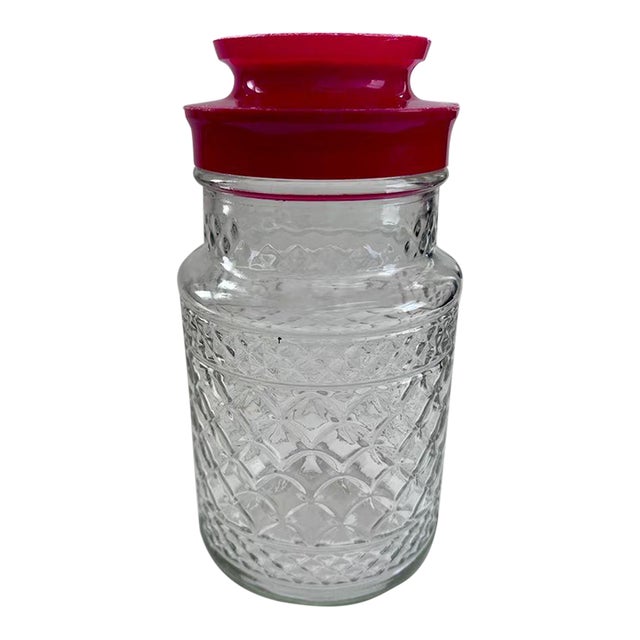 Vintage Anchor Hocking Wexford Pattern Glass Canister With a Red Plastic Lid 70s For Sale