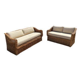 Authentic Wicker Works Vintage Italian Rattan Sofa & Loveseat Set With New Palecek Upholstery For Sale