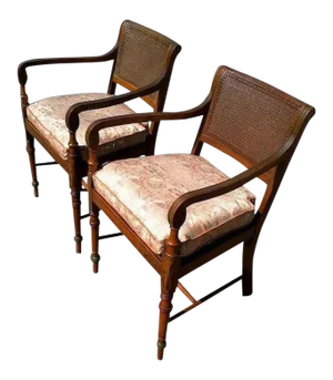 Edwardian Satinwood Painted Cane Seat Open Armchairs - a Pair