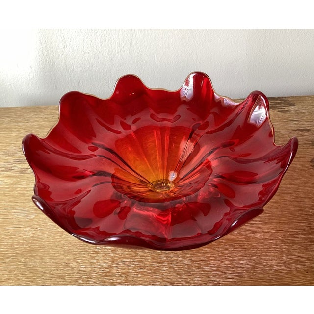Mid Century Modern Red Amberina Glass Footed Centerpiece Fruit Bowl