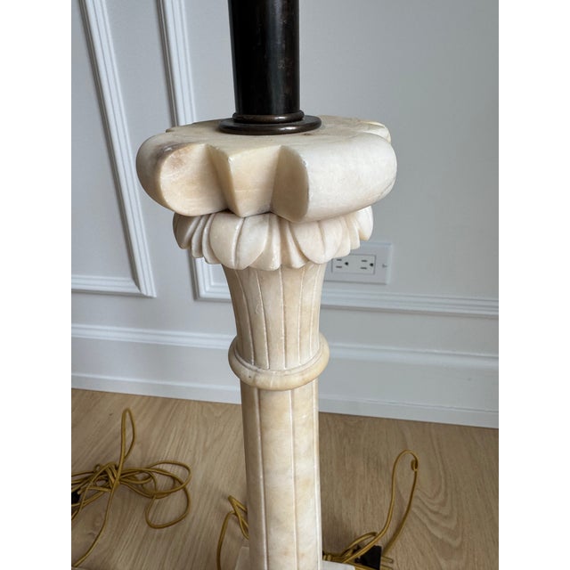 Hollywood Regency 1960s Exceptional Pair of Italian Hand-Carved Alabaster Neoclassical Column Table Lamps – Newly Rewired For Sale - Image 3 of 10