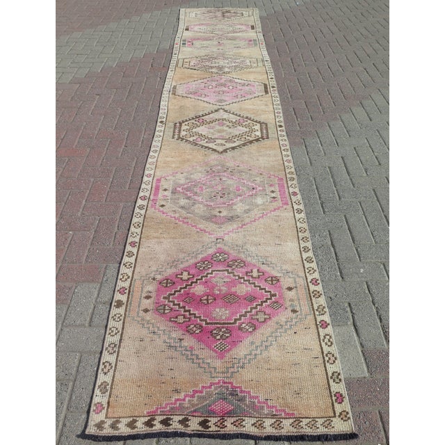 Mid 20th Century Extra Long Vintage Turkish Carpet Runner Pink Rug Runner For Sale - Image 12 of 12