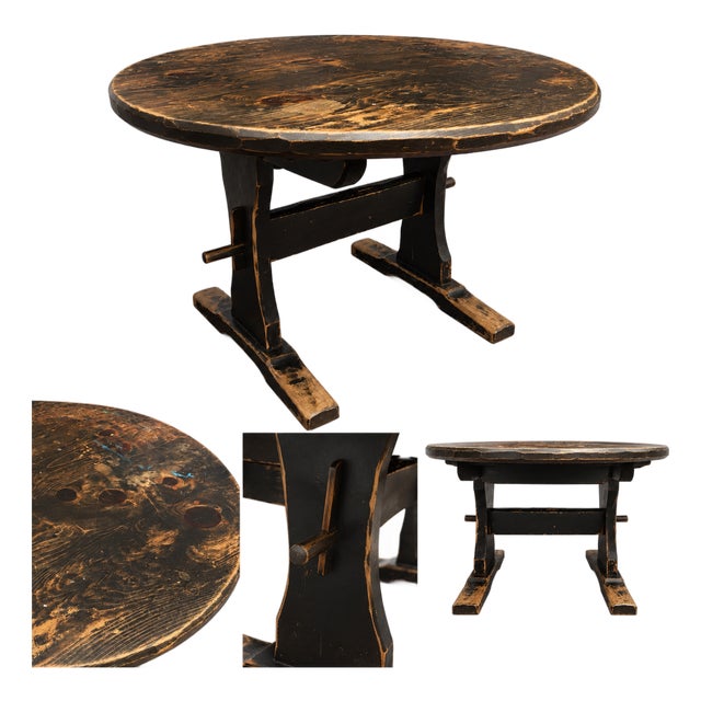 Vintage 1970s Rustic Solid Pine Round Trestle Dining Table by Yankee Pioneer For Sale