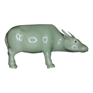 Antique Late Qing Chinese Monochrome Porcelain Figure of an Ox in Celadon Glaze C. 1890 For Sale