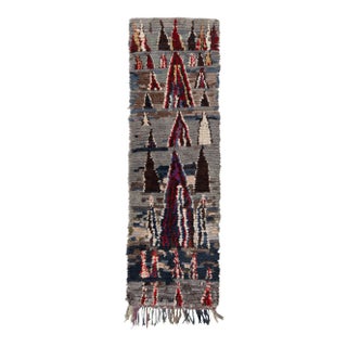 Vintage Boucherouite Berber Moroccan Runner in Gray, Red Geometric Pattern For Sale