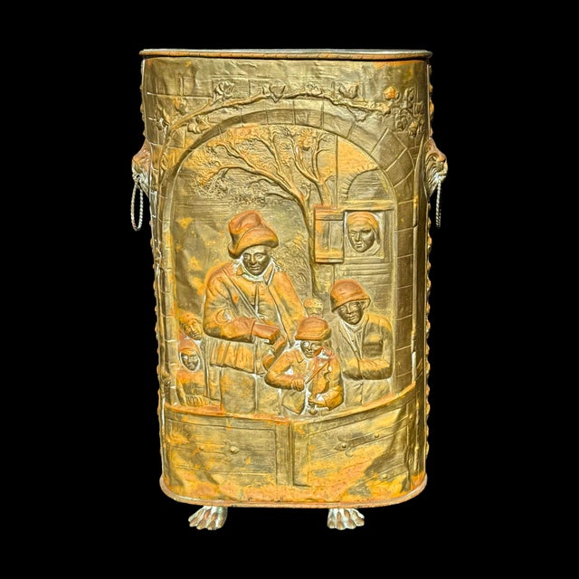 Late 19th Century Victorian Repoussé Embossed Brass Umbrella Stand Lion Head Handles Paw Feet For Sale - Image 4 of 8