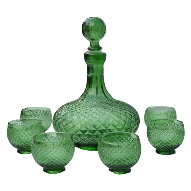 Midcentury Italian Green Textured-Glass Decanter & Glasses Set- 7 Pieces For Sale - Image 10 of 10