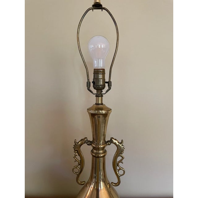 Mid 20th Century Mid 20th Century Solid Brass Chinoiserie Table Lamp With Dragon Handles and Featuring Etched Design of Flowers and Birds For Sale - Image 5 of 11