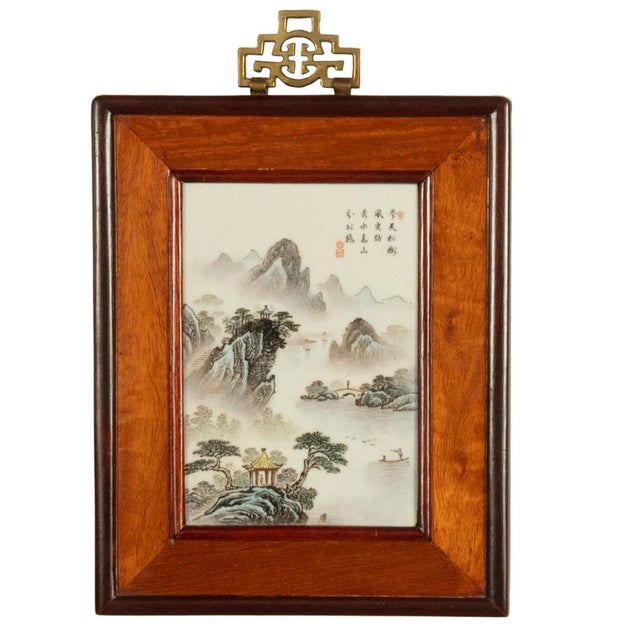 Chinese Pair Antique Chinese Republic Period Hand Painted Porcelain Hongmu Plaques 1920 For Sale - Image 3 of 12