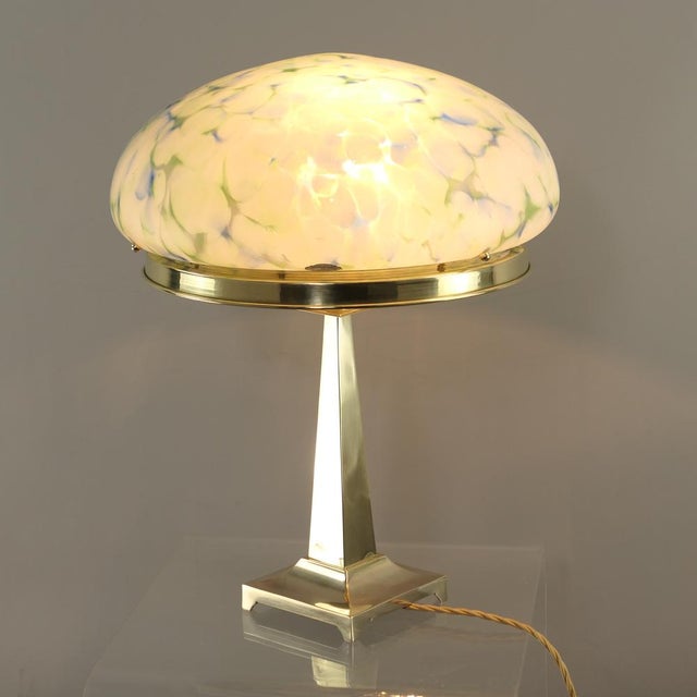 Blue Art Deco Brass Table Lamp with Mottled Glass Shade by Geb Kunstglas, Berlin, 1925 For Sale - Image 8 of 15