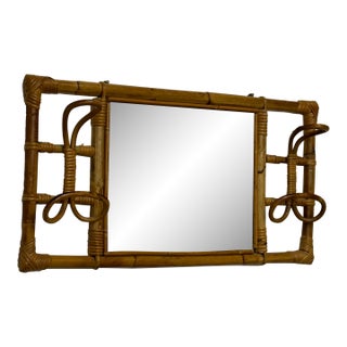1960s Mid Century Modern Italian Bamboo and Rattan Wall Mirror With Coat Rack For Sale