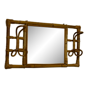 1960s Mid Century Modern Italian Bamboo and Rattan Wall Mirror With Coat Rack