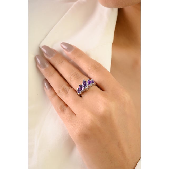 Lustrous Five-Stone Marquise Amethyst Sterling Silver Ring - Size 8 For Sale - Image 6 of 9