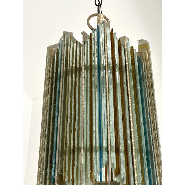 Mid-Century Modern chandelier pendant lamps ceiling lights lighting hammered glass and silver wrought iron, by the...