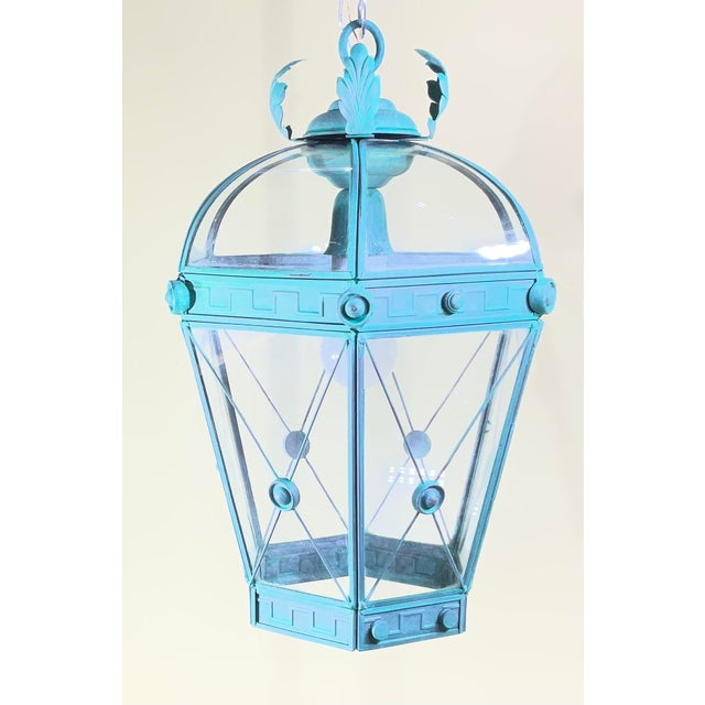 Verdigris Vintage Style Solid Brass Verdigris Hanging Lantern - Restored & Rewired For Sale - Image 8 of 13