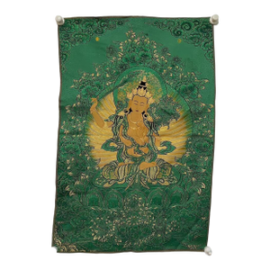 Mid 20th Century Xizang Embroidery and Brocade Thangka Guanyin Bodhisattva Painting - Wall Art - Hand Painted Buddhist Sacred Scroll