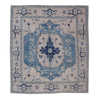 Vintage Turkish Oushak Rug With Dark and Light Blue in Medallion Design For Sale