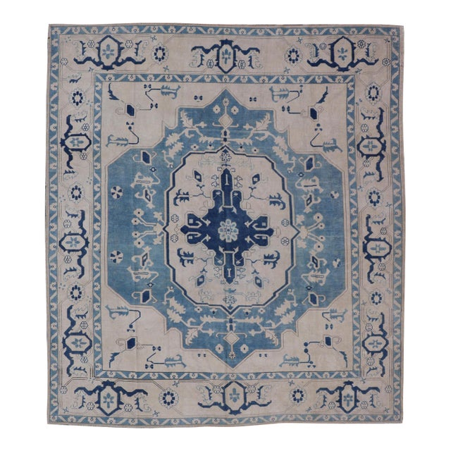 Vintage Turkish Oushak Rug With Dark and Light Blue in Medallion Design For Sale