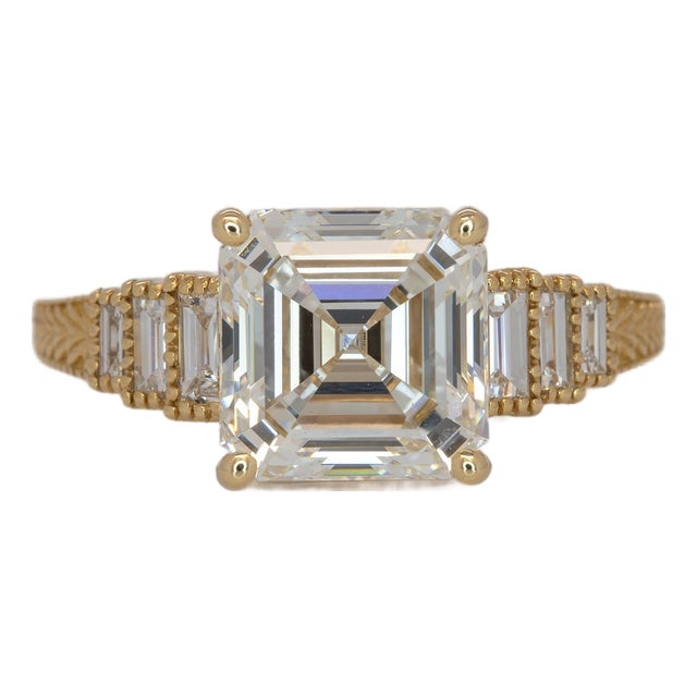 3Ct Lab Diamond Ring With Lab Diamond Accents: Solid 14k Gold, Asscher Cut 8mm, Size 6.75 For Sale