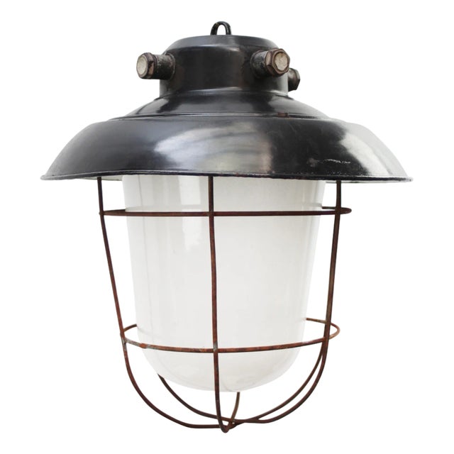 Vintage Industrial Black Enamel & Frosted Glass Pendant Light For Sale