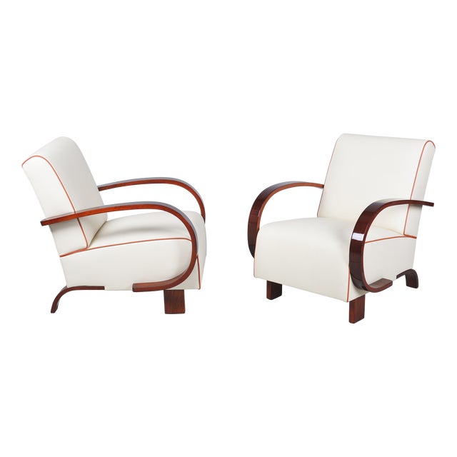 Art Deco Armchairs in Walnut and Leather, Czech, 1930s, Set of 2 For Sale