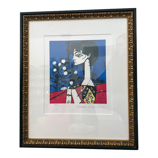 1950s Estate Signed Picasso Giclée Print #12, Portrait of Jacqueline Roque With Flowers For Sale