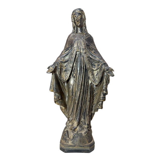Tall Antique Silver Plate Metal Religious Saint Virgin Mary Statue Sculpture For Sale