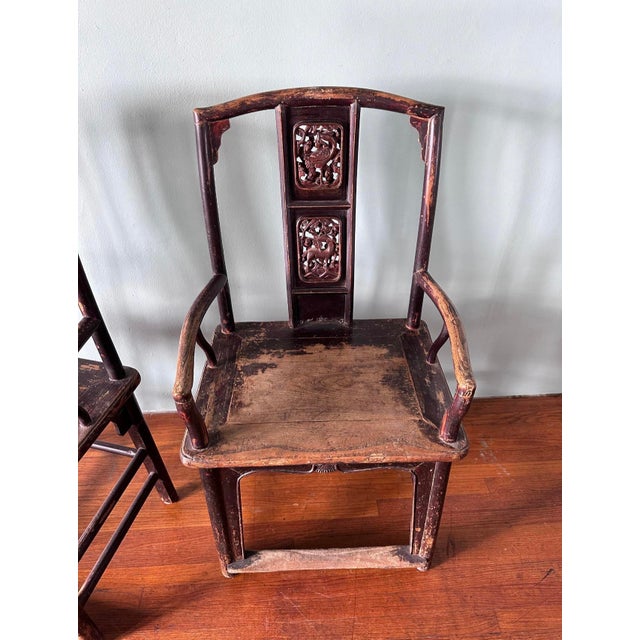 Wood 19th Century Chinese Hand Carved Wood High Back Arm Chairs For Sale - Image 7 of 8