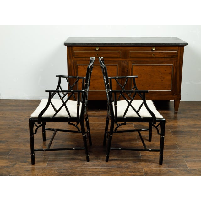 Textile Pair of Midcentury Chinese Chippendale Style Black Faux Bamboo Armchairs For Sale - Image 7 of 9