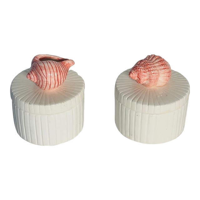 Vintage Pair Ceramic Sea Shell Triket Boxes For Sale