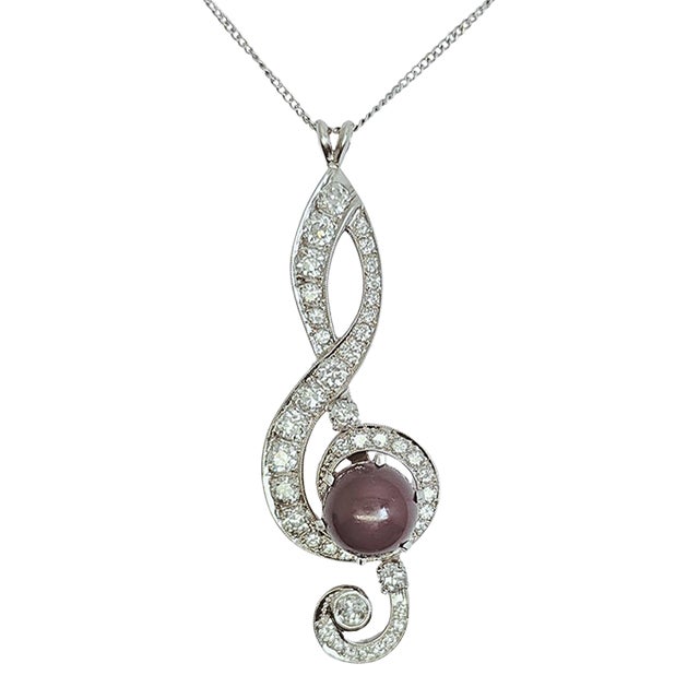 Mid 20th Century Black Pearl, 14k(585) White Gold Pendant, Natural Diamond, Musical G Clef Symbol For Sale