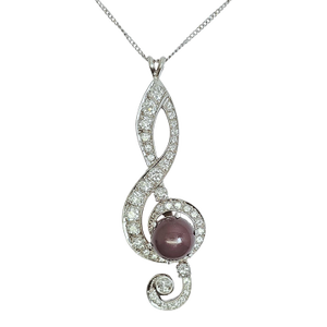 Mid 20th Century Black Pearl, 14k(585) White Gold Pendant, Natural Diamond, Musical G Clef Symbol