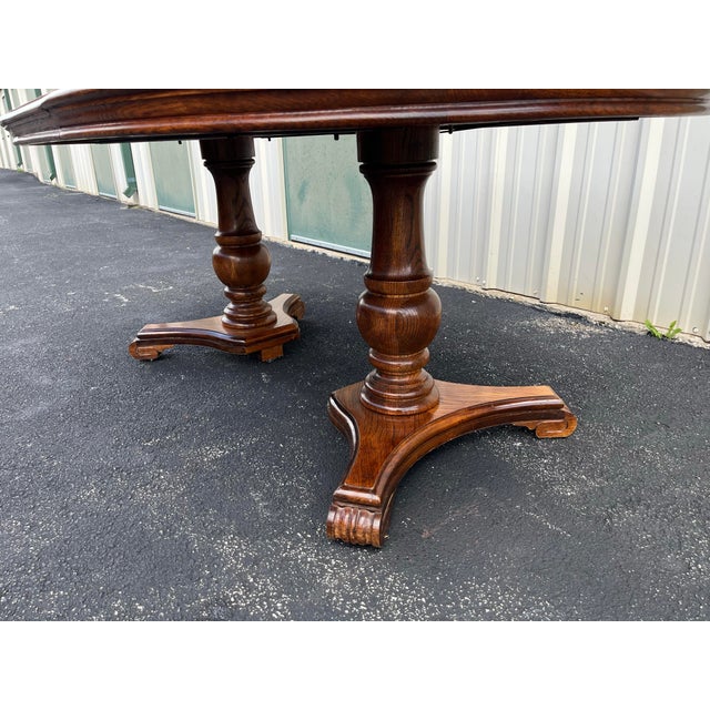 Late 20th Century Rustic Double Pedestal Oak Extension Dining Table For Sale - Image 12 of 12