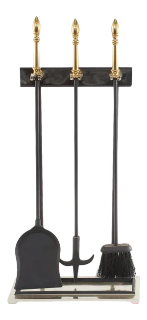 Late 20th Century Three Tone Black, Brass, and Silver Fireplace Tool Set