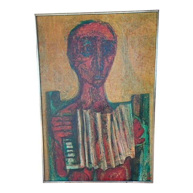 Vintage Expressionist Framed Oil Painting on Canvas of Man With Accordion For Sale