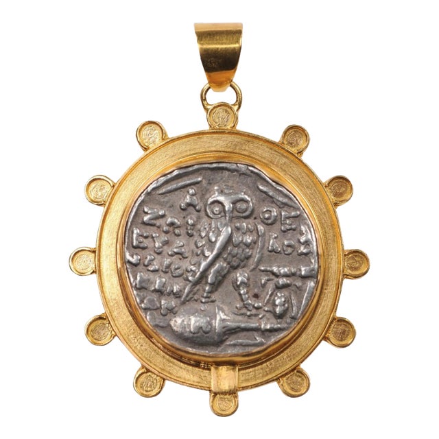 Antique Ancient Greek Owl & Athena Coin Pendant For Sale