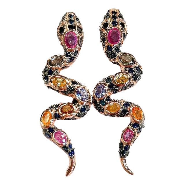 Bochic “Orient” Vintage Ruby & Sapphire Serpent Earrings Set 18K Gold & Silver For Sale