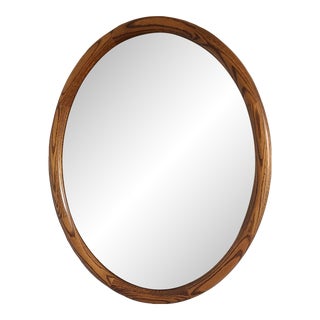 Mid Century Oval Oak Framed Beveled Sides Mirror For Sale
