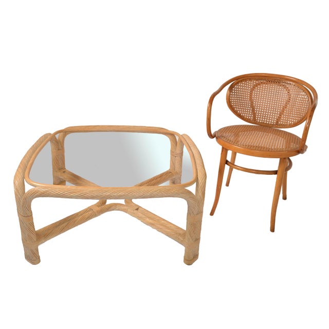 1980 Bohemian Rattan Pencil Reed Sculptural Square Glass Coffee Table Whitewash For Sale - Image 12 of 12