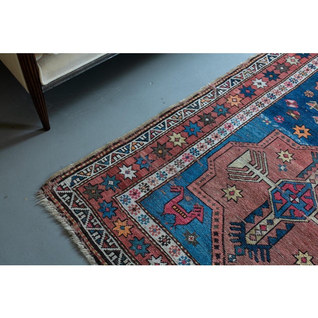 Antique 1920s Armenian Medallion Geometric Floral Abrash Light Blue Orange Terracotta - 3’9” X 6'10" For Sale In Los Angeles - Image 6 of 11