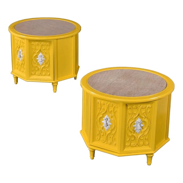 1970s Yellow and White Round Travertine Top Side Tables With Storage For Sale