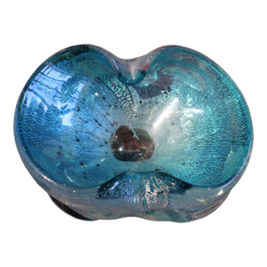 Vintage Murano Attributed Handblown Glass Ashtray - Sky Blue Sommerso With Silver Leaf
