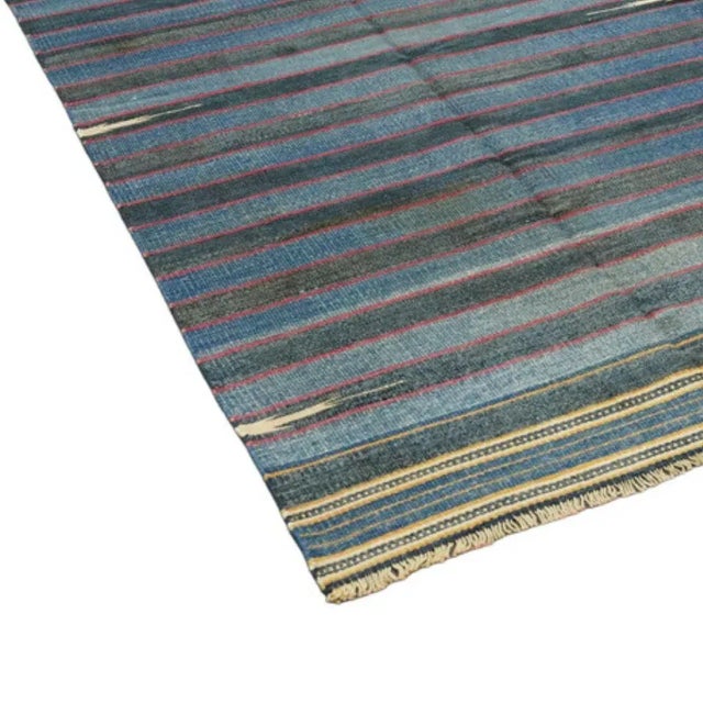 Traditional Vintage Dhurrie Runner Rug in Blue Stripes With Red Accents | Rug & Kilim For Sale - Image 3 of 6
