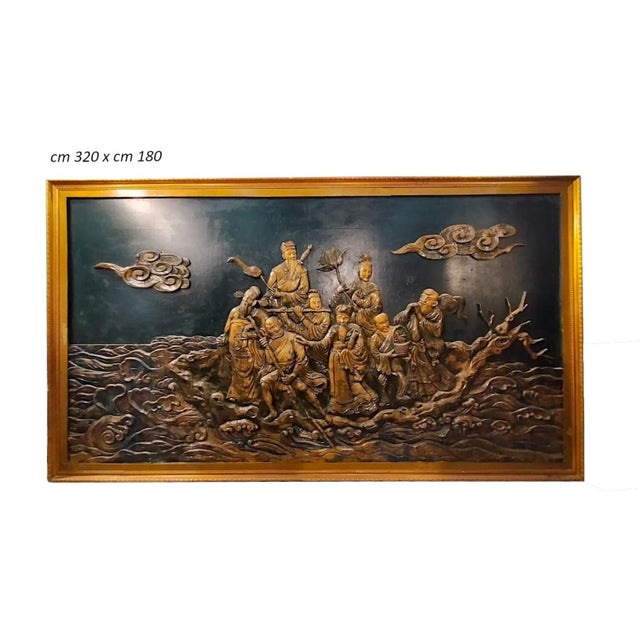 Wood Chinese Artist, Large Lacquered and Carved Bas-Relief, Early 1900s, Carved Wood For Sale - Image 7 of 7