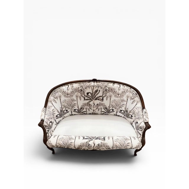Wood French Louis XV Style Carved Walnut Settee Newly Upholstered in Tropical Botanical Cotton For Sale - Image 7 of 12