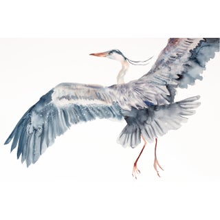"Heron in Flight No. 2" - Original Watercolor Painting by Elizabeth Becker - Crane or Egret - Flying Bird - Wildlife Nature Illustration For Sale