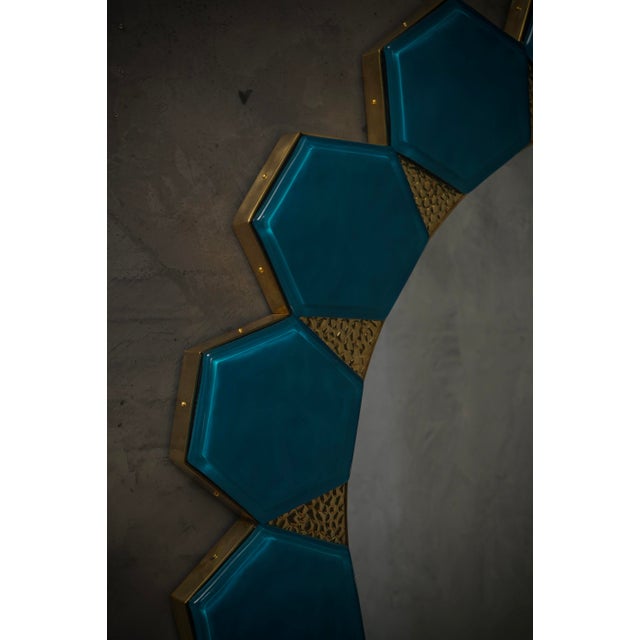 Metal Art Deco Wall Mirror in Murano Blue Glass and Brass, 2000 For Sale - Image 7 of 11