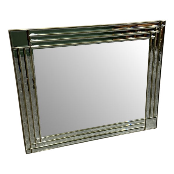 Large Brass Beveled Facet Cut Rectangular Mirror, 1980s For Sale