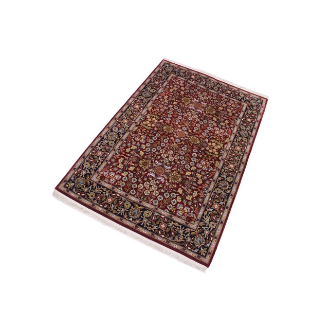 Shabby Chic Turkish Antique Hereke Red Blue Wool & Silk Rug - 4'0''x6'0'' For Sale - Image 3 of 10