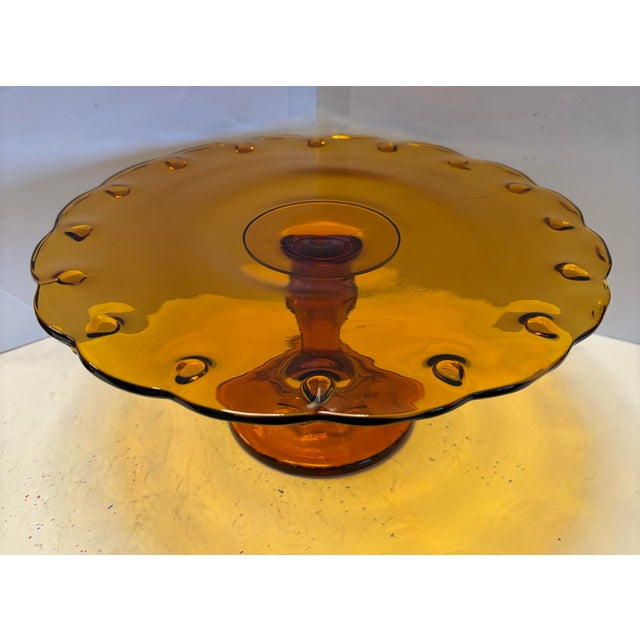 Amber Mid-Century Amber Glass Tazza Cake Stand With Scalloped Thumbprint Edge For Sale - Image 8 of 10